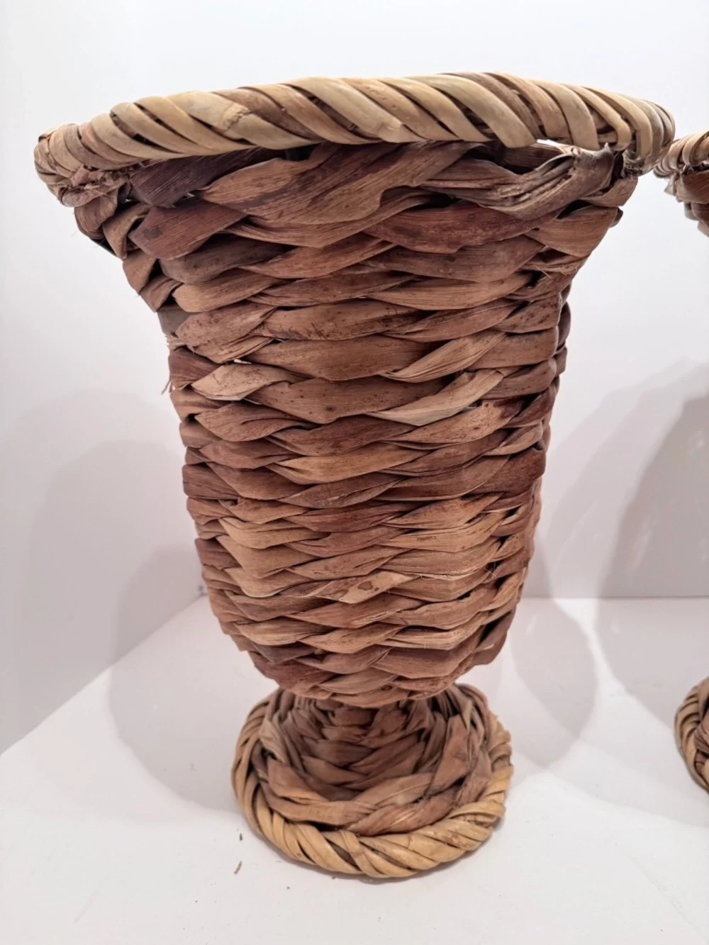 Vintage Pair Woven Wicker Urn Style Pedestal Vases